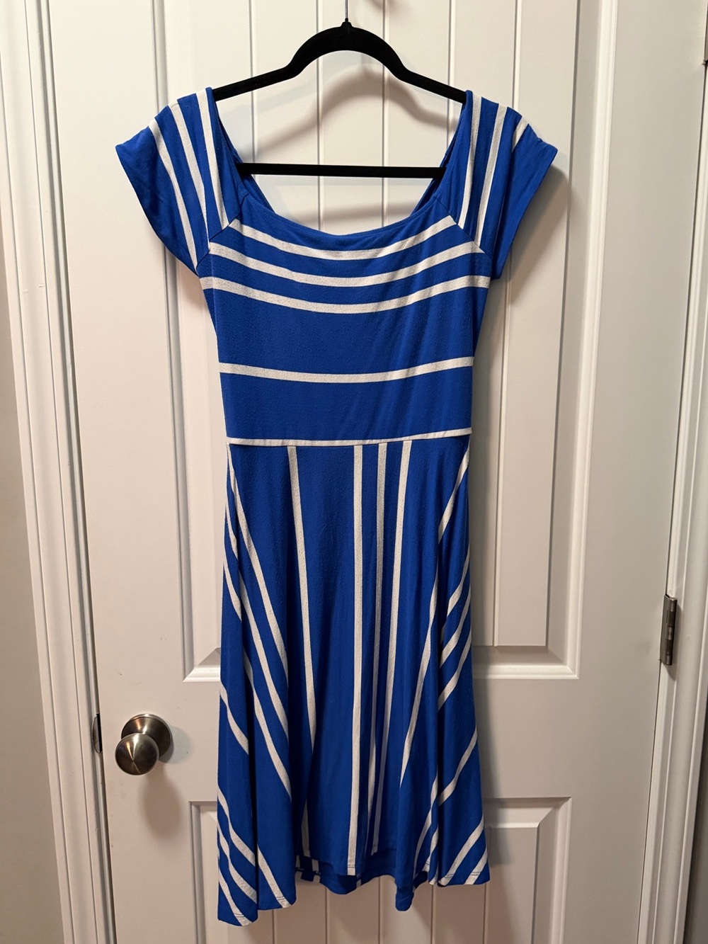 LOFT Blue and White Striped Midi Fit-&-Flare Dress